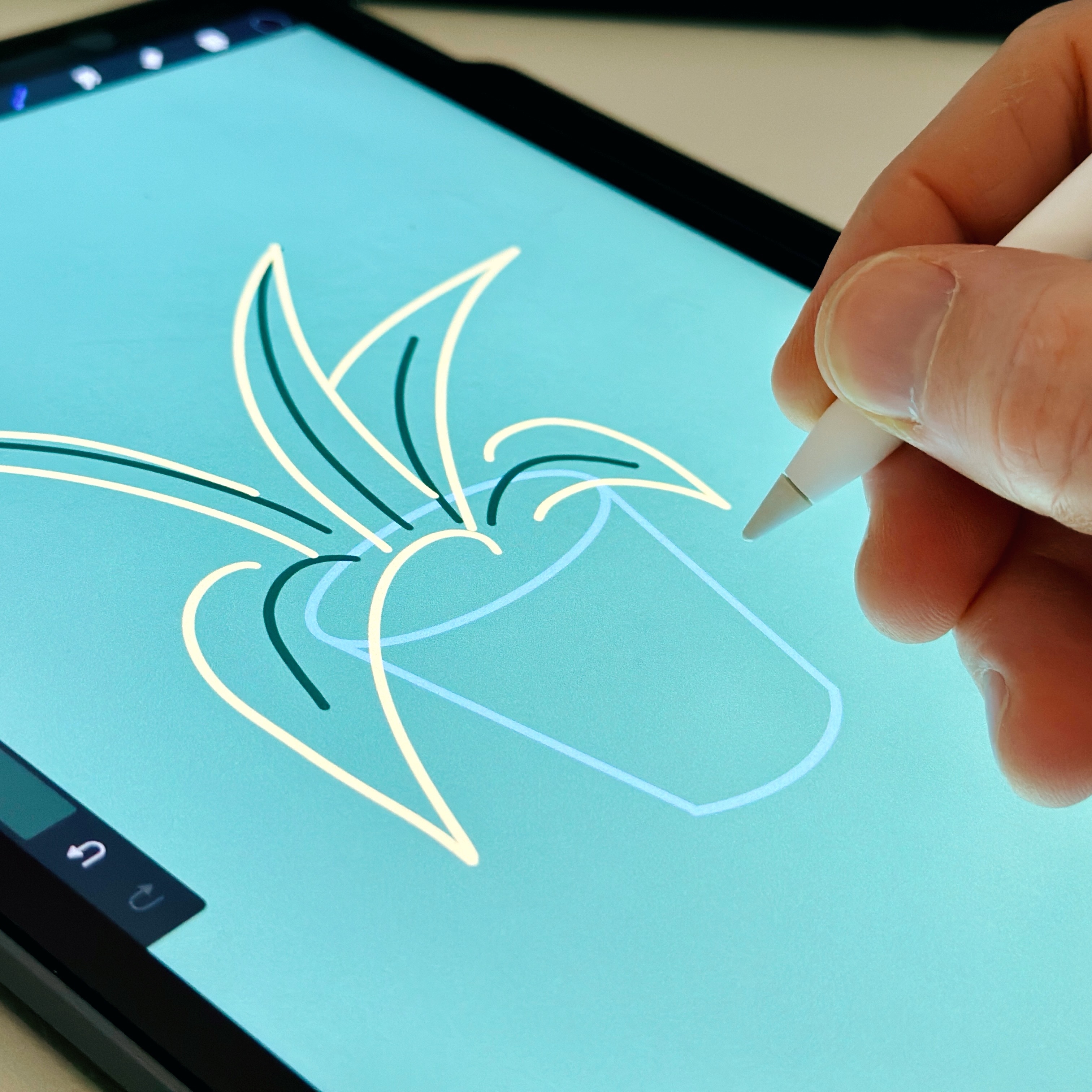 Guy Moorhouse drawing a plant pot on an iPad
